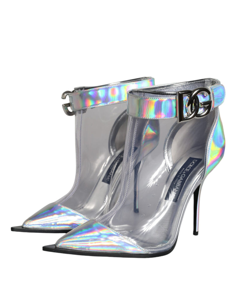 Silver Iridescent PVC Pointed Short Boots Shoes