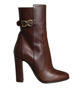 Brown Leather Heels Mid Calf Boots Shoes