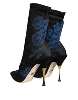 Black Floral Stretch Mid Calf Boots Shoes