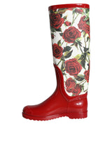 Red Floral Rubber Knee High Flat Boots Shoes