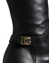 Black Leather Gold Tone Logo High Boots Shoes