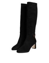 Black Suede Leather Logo Knee High Boots Shoes