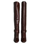 Brown Leather Gold Tone Logo High Boots Shoes