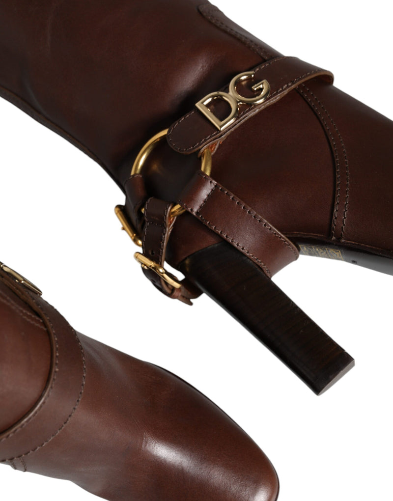 Brown Leather Gold Tone Logo High Boots Shoes