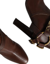 Brown Leather Gold Tone Logo High Boots Shoes