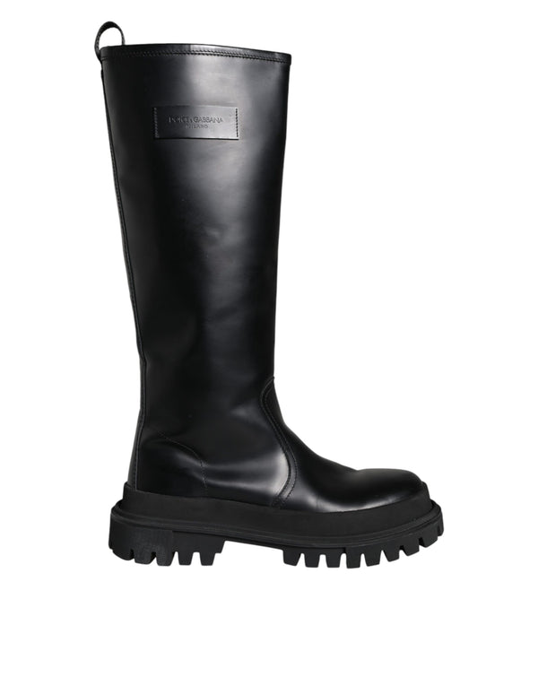 Black Leather Trekking Knee High Boots Shoes