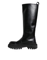 Black Leather Trekking Knee High Boots Shoes