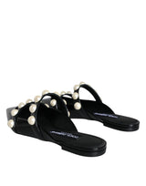 Black Leather Pearls Slides Sandals Shoes