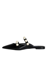 Black Leather Pearls Slides Sandals Shoes