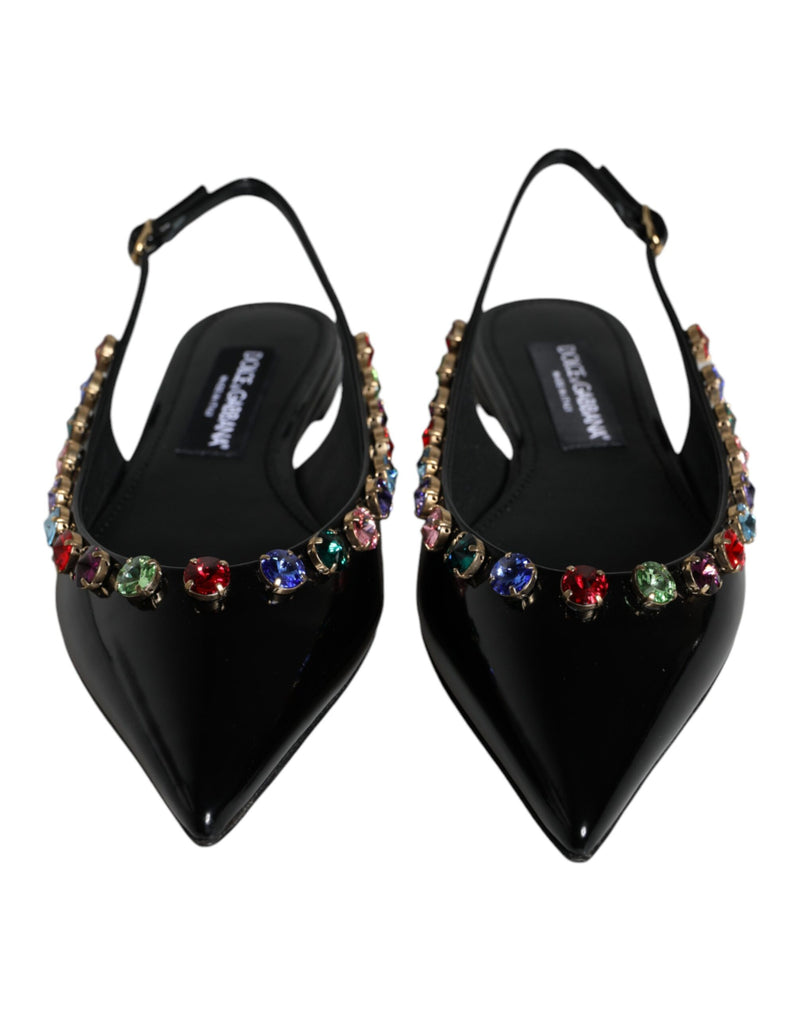 Black Leather Crystal Flats Slingback Shoes