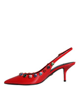 Red Leather Crystal Heels Slingback Shoes