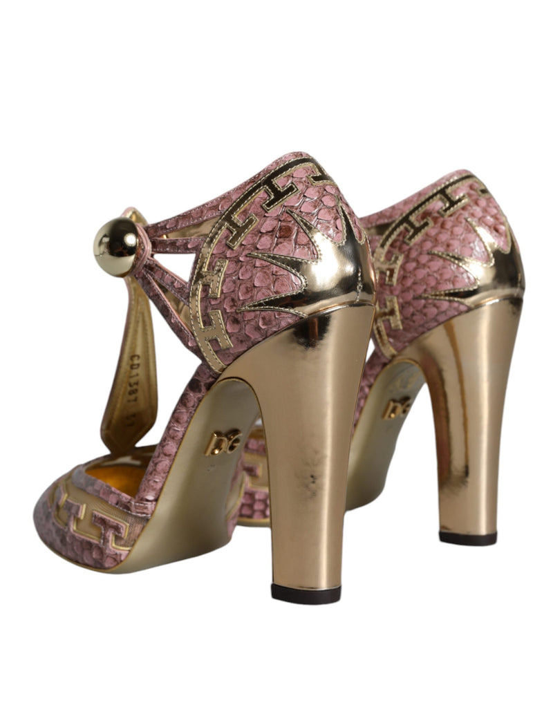 Pink Gold Leather Pumps T-strap Sandals Shoes