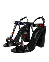 Black Crystal Leather T-strap Sandals Shoes