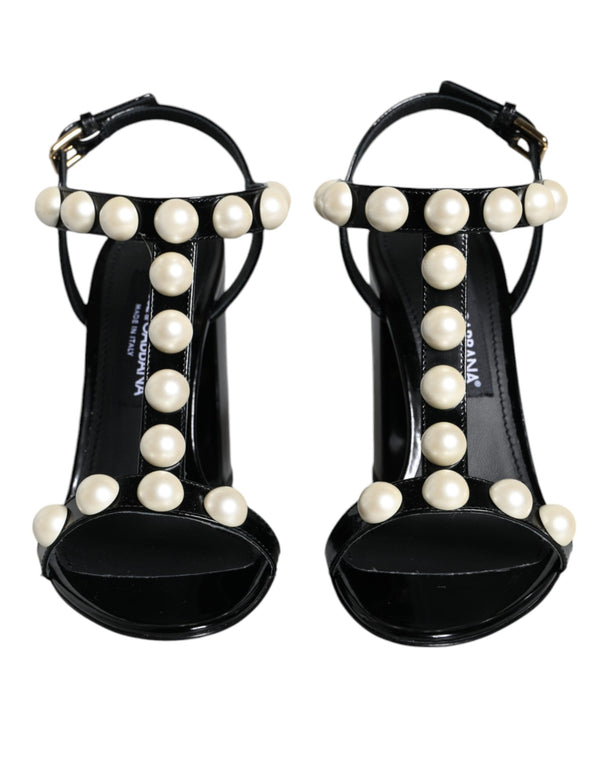 Black Leather Pearls T-strap Sandals Shoes