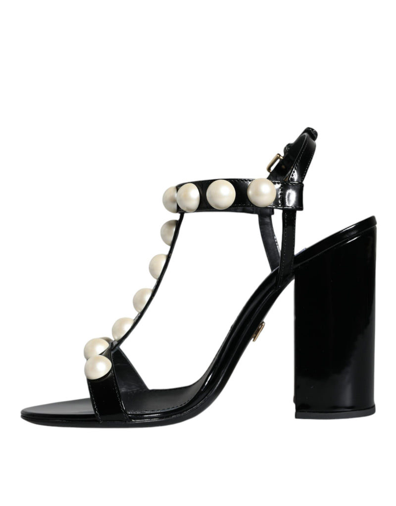 Black Leather Pearls T-strap Sandals Shoes