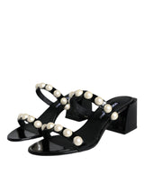 Black Leather Pearls Slides Sandals Shoes