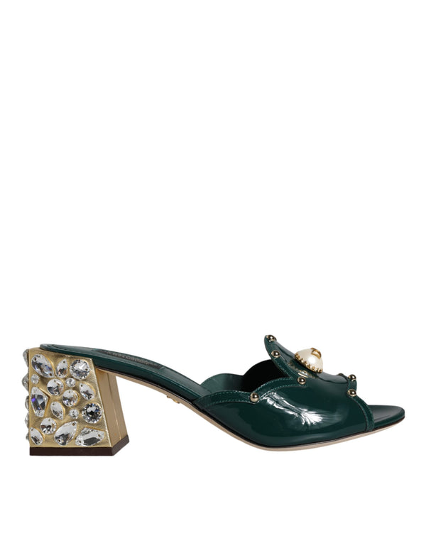 Green Crystal Leather Slides Sandals Shoes