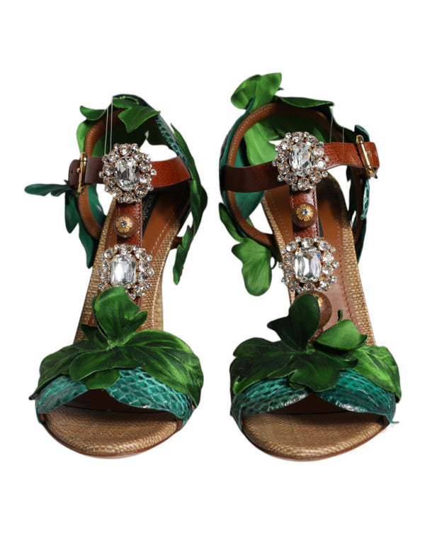 Emerald Embellished Leather Heels Sandals Shoes