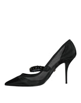 Black Mesh Mary Jane Crystal Heel Pumps Shoes