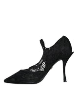 Black Mary Jane Pumps Lace Crystals Heels Shoes