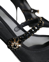 Black Mesh Mary Jane Crystal Heel Pumps Shoes