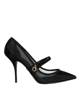 Black Mesh Mary Jane Crystal Heel Pumps Shoes