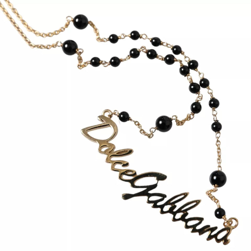 Gold Sterling Silver 925 Black Beaded Rosary Chain Necklace