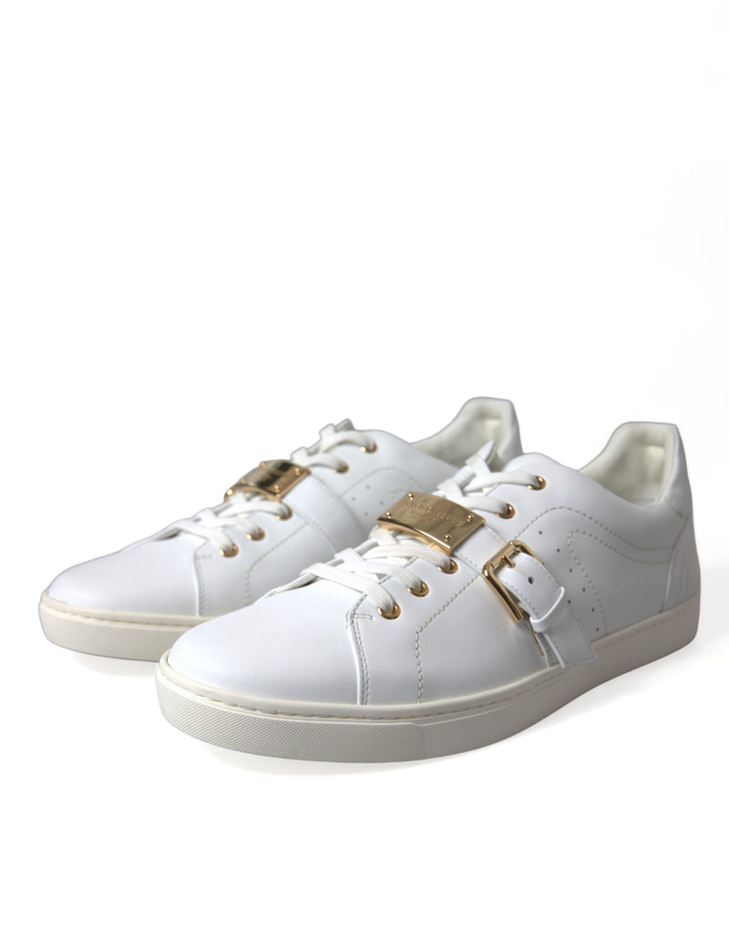 White Leather Gold Buckle Sneakers Shoes