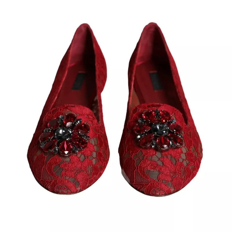 Red Lace Crystal Ballet Flats Loafers Shoes