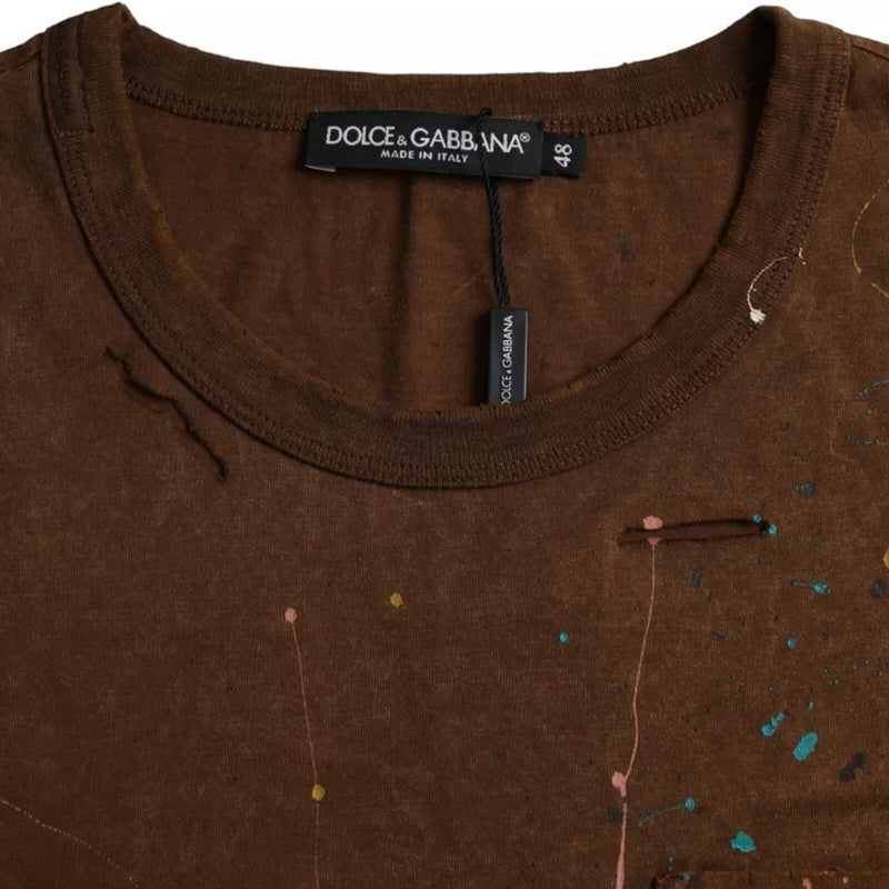 Brown Color Splash Cotton Crew Neck T-shirt