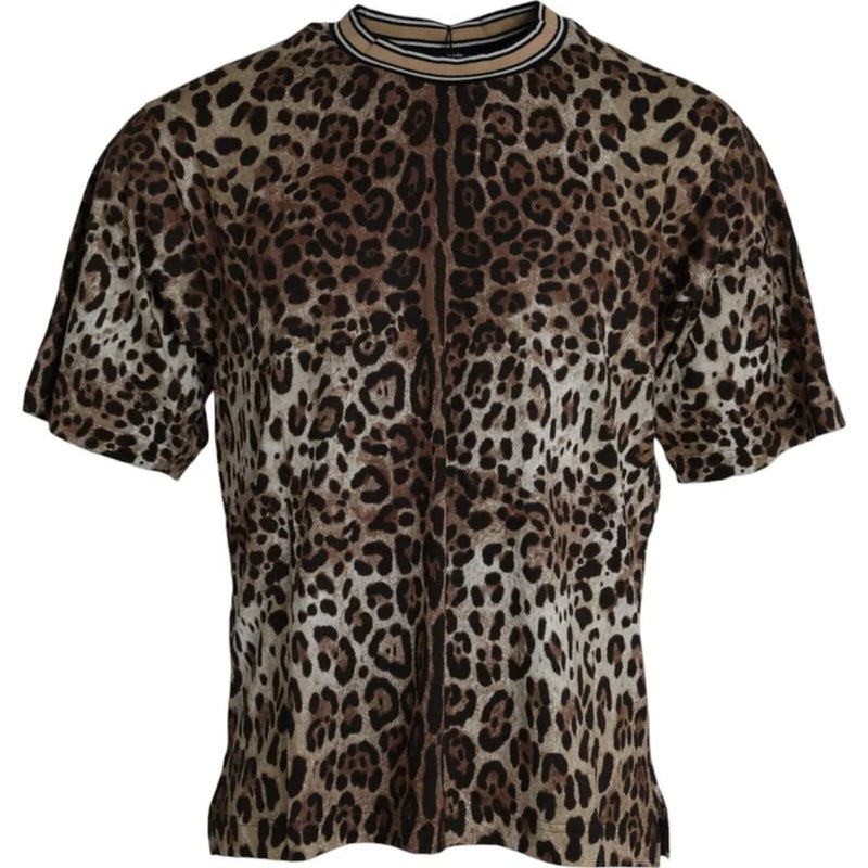 Brown Leopard Print Cotton Crew Neck T-shirt