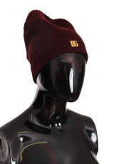 Dark Red Wool Knit Women Logo Beanie Cap Hat