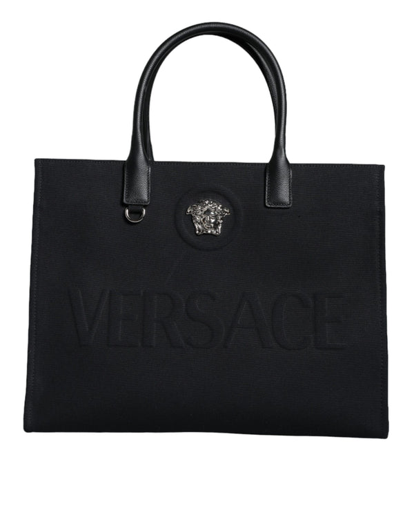 Black Top Handle Canvas Leather Logo Shopping Tote Bag