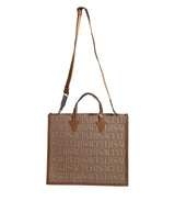 Brown Top Handle Jacquard Leather Logo Crossbody Tote Bag