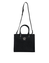 Black Top Handle Canvas Leather Logo Crossbody Tote Bag