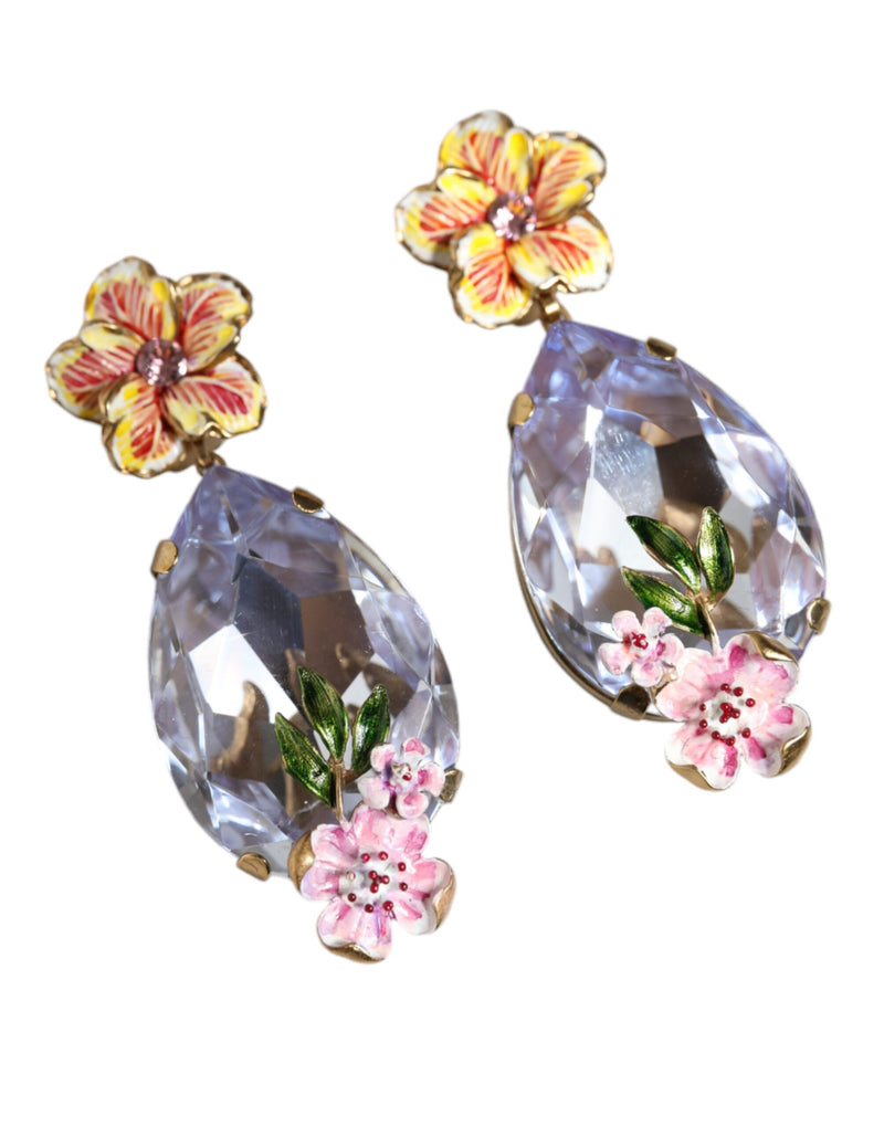 Gold Tone Brass Crystals Floral Clip On Earrings