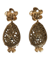 Gold Tone Brass Crystals Floral Clip On Earrings