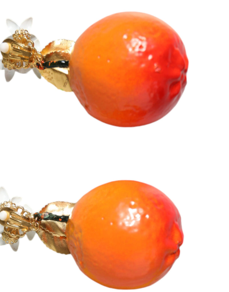 Gold Tone Brass Crystals Orange Lily Clip On Earrings