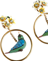 Gold Tone Brass Crystal Bird-in-Hoop Statement Earrings