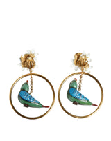 Gold Tone Brass Crystal Bird-in-Hoop Statement Earrings