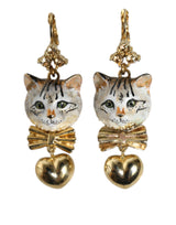 Gold Brass Heart Cat Crystal Pendant Clip Drop Earrings