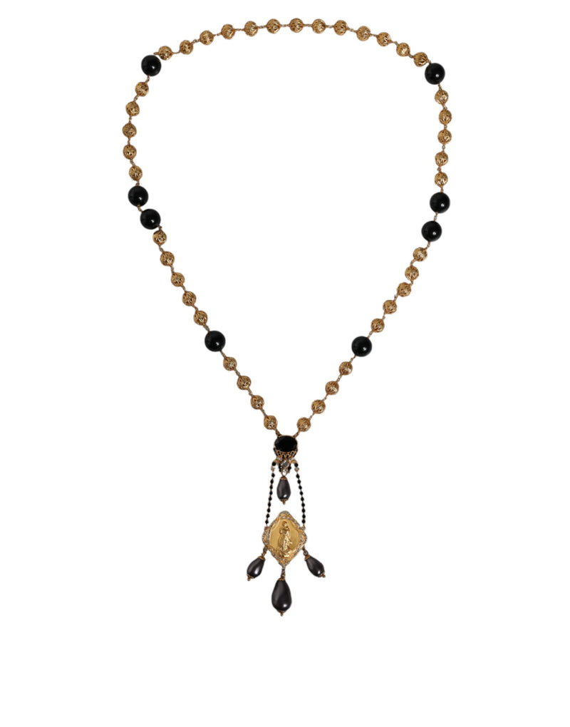 Gold Chain Brass Black Beaded Rosary Style Necklace