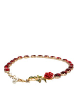 Gold Chain Brass Red Rose Crystal Embellished Necklace