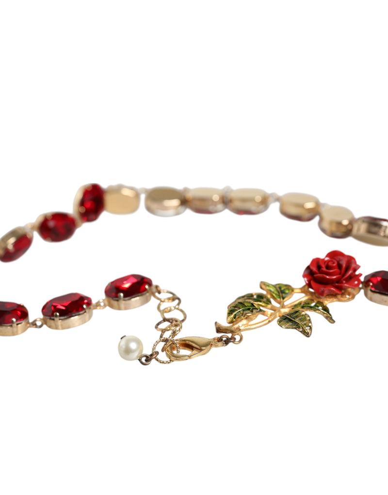 Gold Chain Brass Red Rose Crystal Embellished Necklace