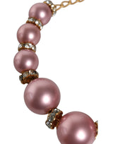 Pink Maxi Faux Pearl Beads Crystals Gold Chain Necklace