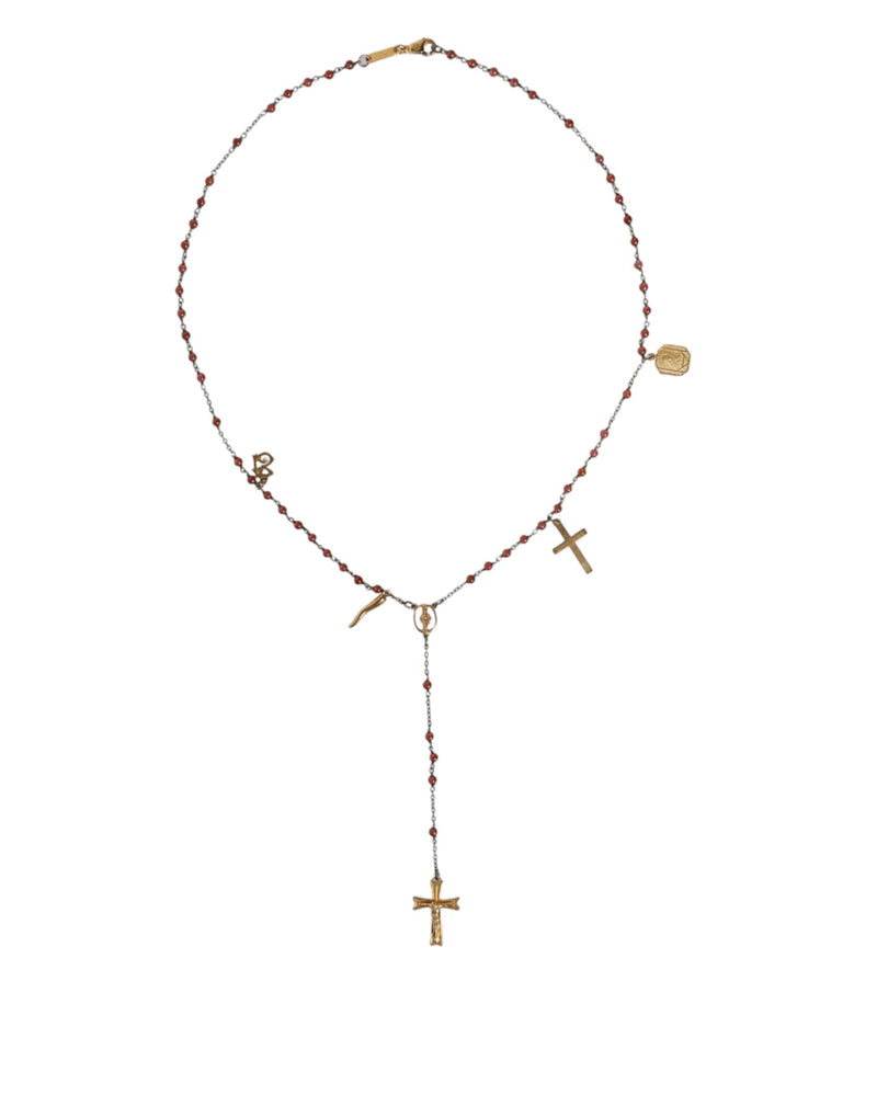 Gold Chain Brass Beaded Rosary Cross Pendant Necklace