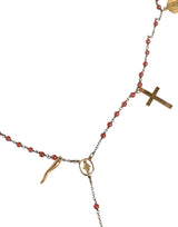 Gold Chain Brass Beaded Rosary Cross Pendant Necklace