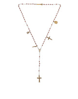 Gold Chain Brass Beaded Rosary Cross Pendant Necklace