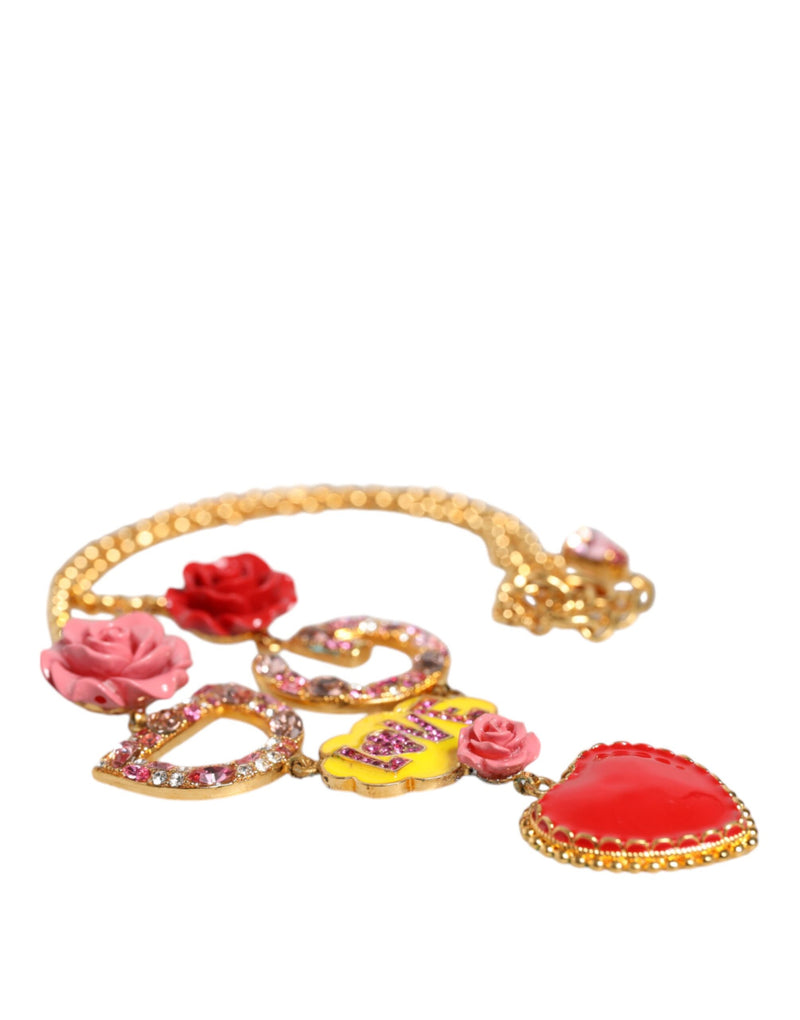 Gold Chain DG Logo Rose Love Crystal Charm Necklace