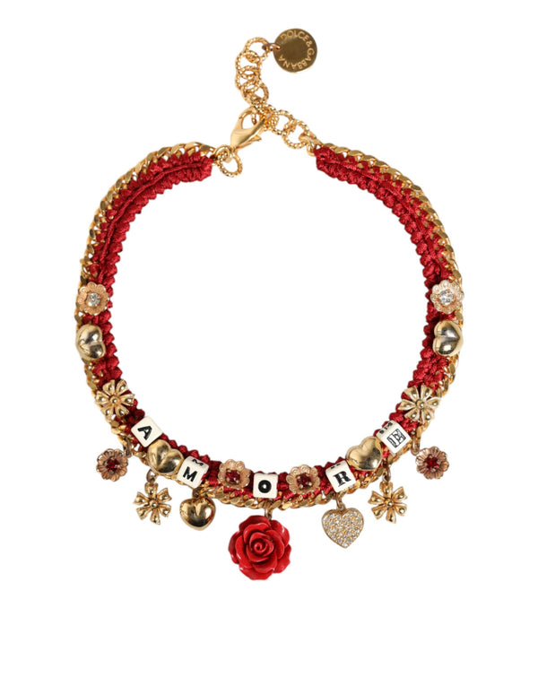 Gold Tone Choker Amore Red Floral Woven Charm Necklace